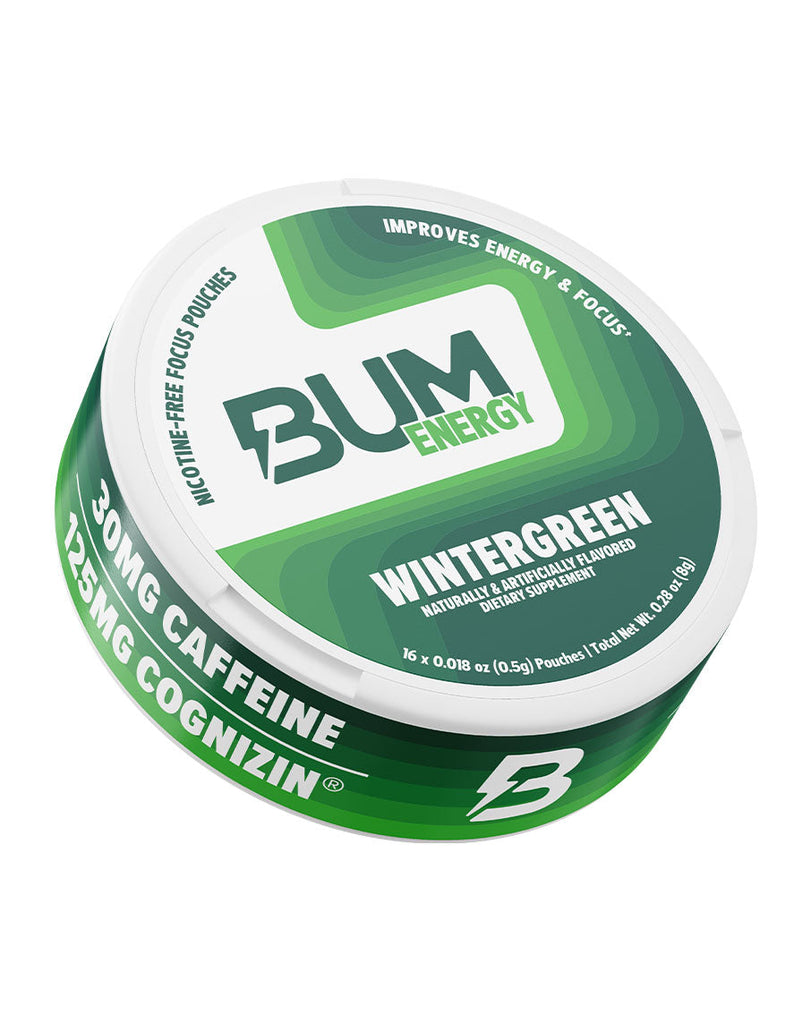 BUM Energy Wintergreen energy and focus supplement, 16 nicotine-free pouches in a round green container with white lid