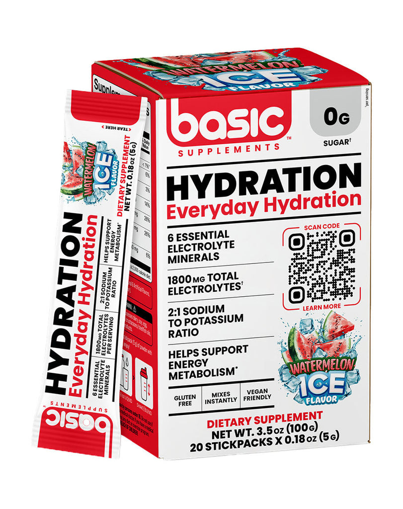 Electrolyte hydration sachets by Basic, Watermelon Ice, 100g box with bold black and red branding