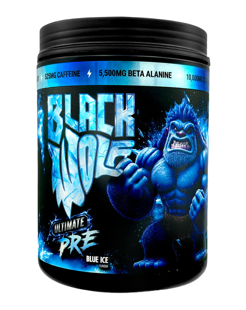 Blue Ice flavour Black Wolf pre workout powder container featuring caffeine and beta alanine formula branding