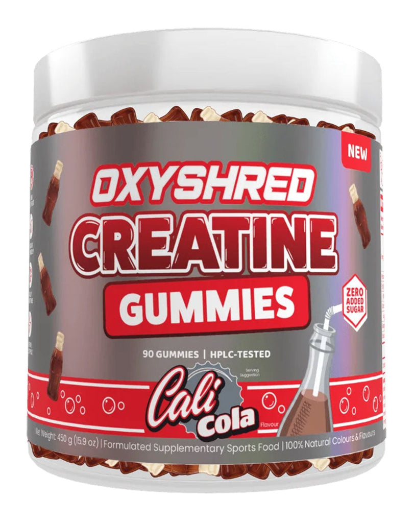 Cali Cola OxyShred creatine gummies, 90-count 450g supplement tub with HPLC-tested formula