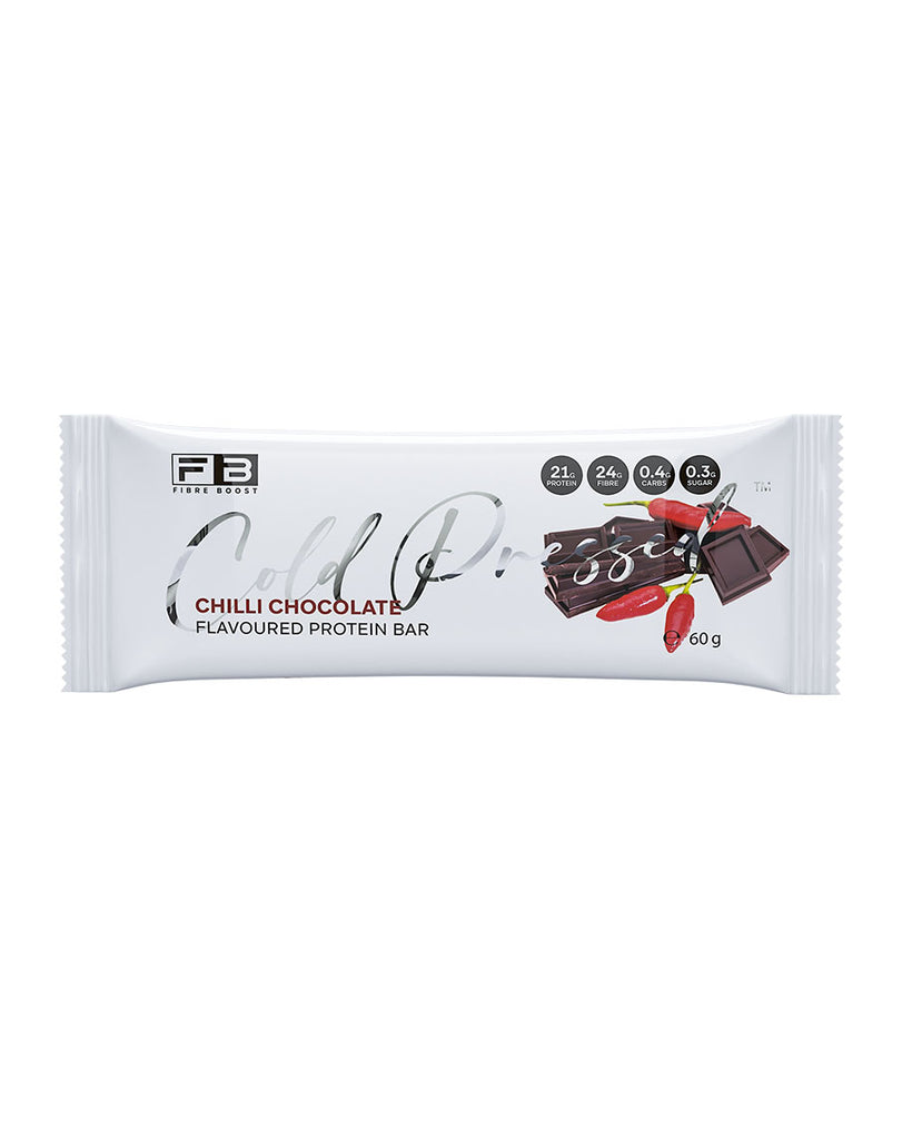 FB Fibre Boost Chilli Chocolate flavoured protein bar 60g, cold pressed bar in white packaging with front label