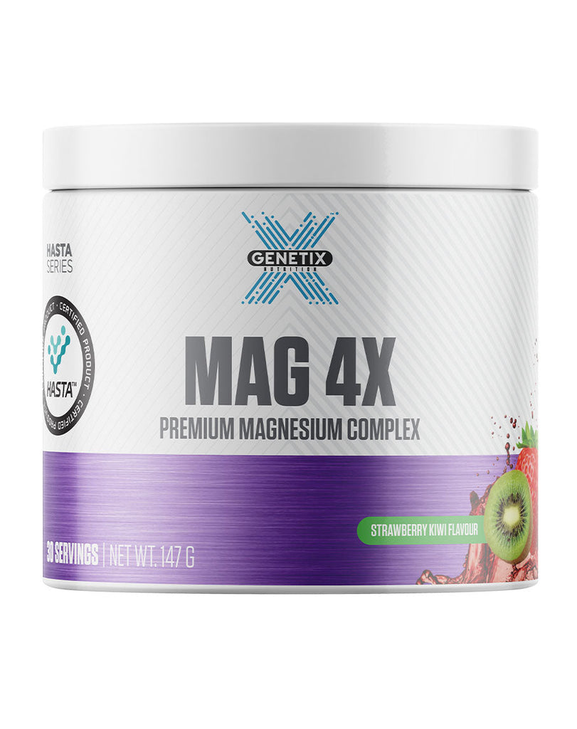 Genetix MAG 4X strawberry kiwi magnesium supplement, 147g tub with purple label, 30 servings