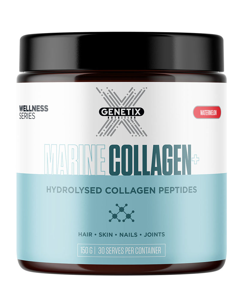 Watermelon Genetix Marine Collagen powder, 30 serves in a white tub with aqua branding and black lid