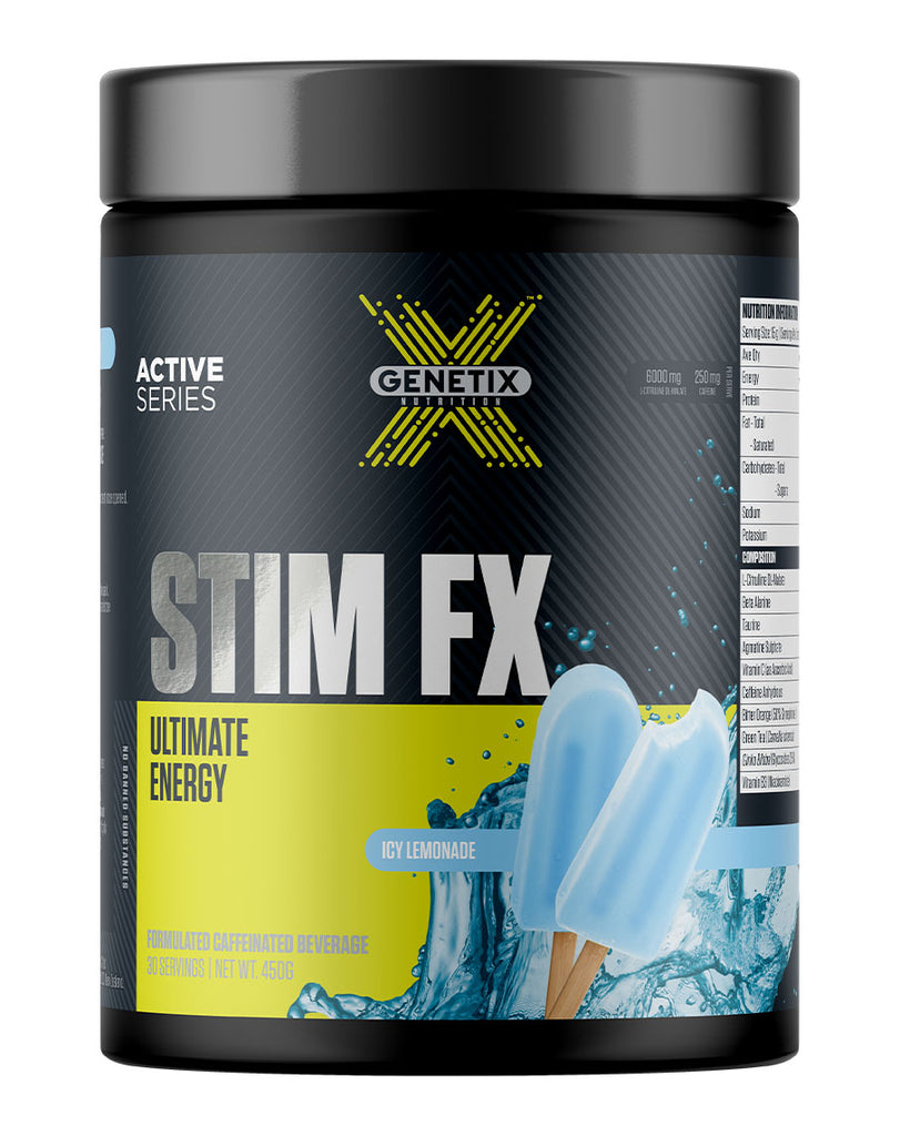 450g Genetix STIM FX caffeinated pre-workout, icy lemonade flavour in black tub with yellow and blue label design