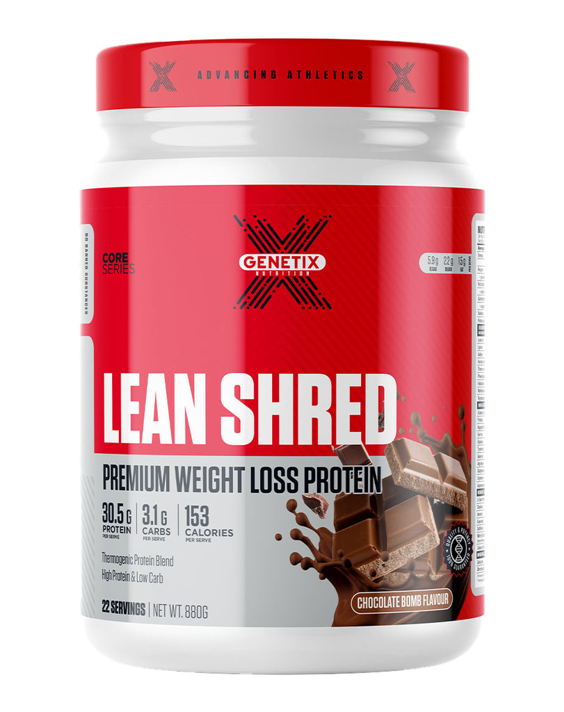 Genetix Lean Shred thermogenic protein blend 880g container with chocolate flavour and low carb nutrition details