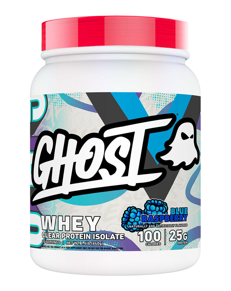 Blue raspberry Ghost clear whey protein isolate in 1.4lb tub, white container featuring bold graphic branding