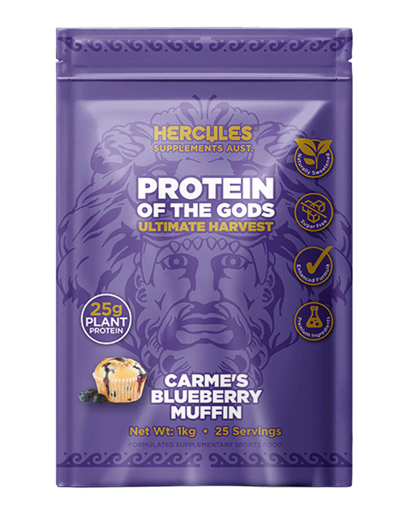 1kg Hercules Ultimate Harvest plant-based protein powder in Carme's Blueberry Muffin flavour pouch, 25 servings
