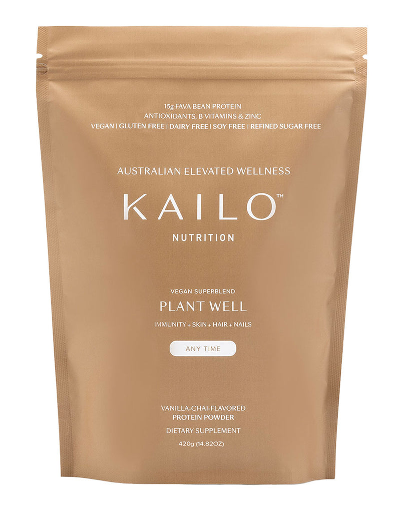 KAILO Plant Well vegan superblend protein powder in vanilla chai flavour, 420g resealable bag