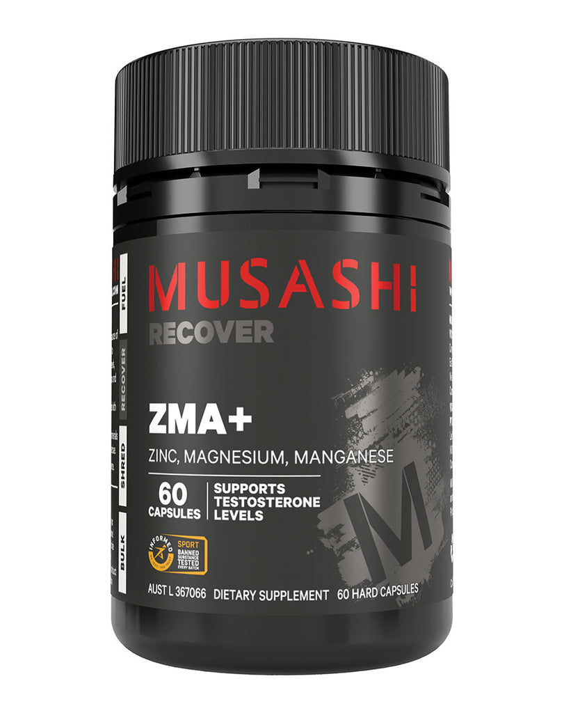 Front view of Musashi ZMA+ 60 Capsules – black matte tub with red logo, grey label background, large stylised “M” graphic, and Informed-Sport certification badge.