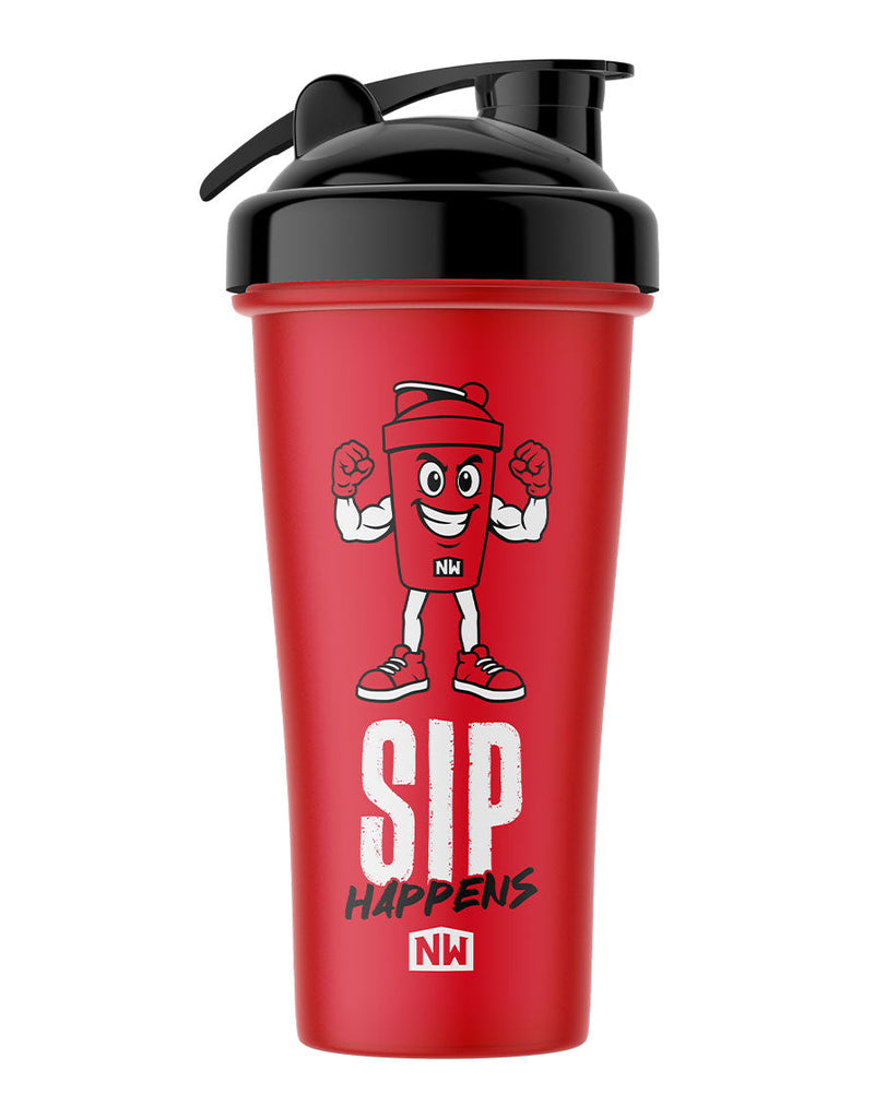Red Nutrition Warehouse protein shaker cup with black lid, cartoon shaker character and bold Sip Happens branding