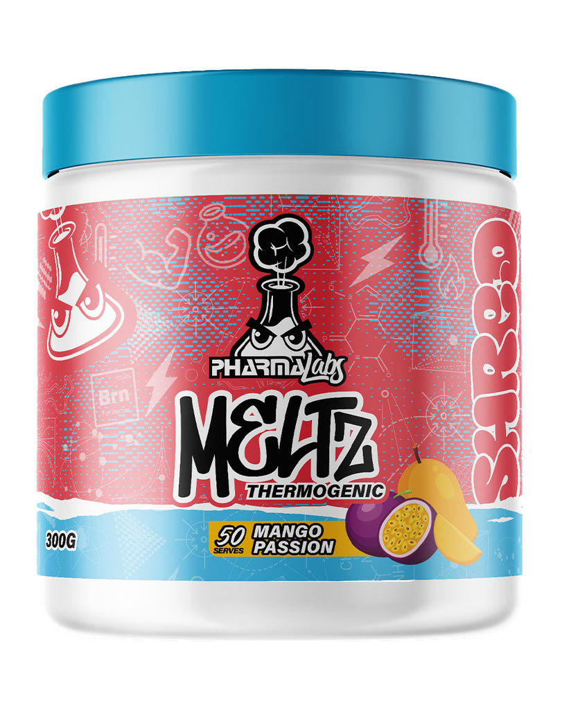 Pharma Labs Meltz fat burner powder 300g mango passion tub with blue cap and colourful front branding