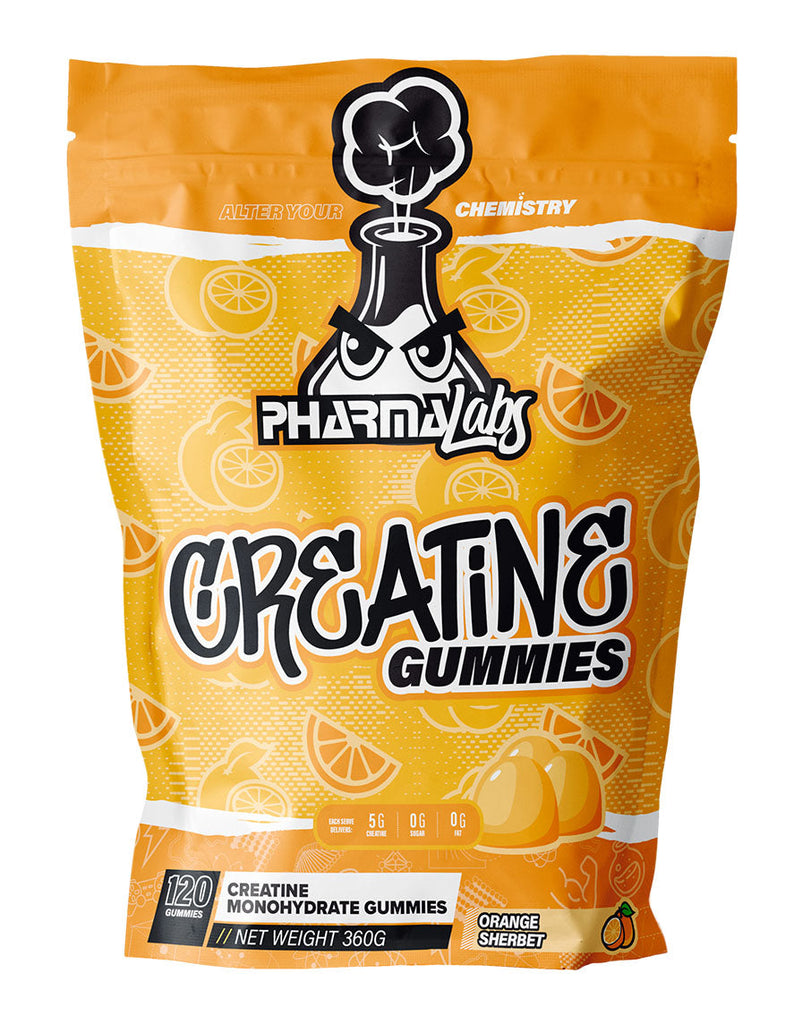 Pharma Labs orange sherbet creatine gummies 360g stand-up pouch, 5g creatine per serve