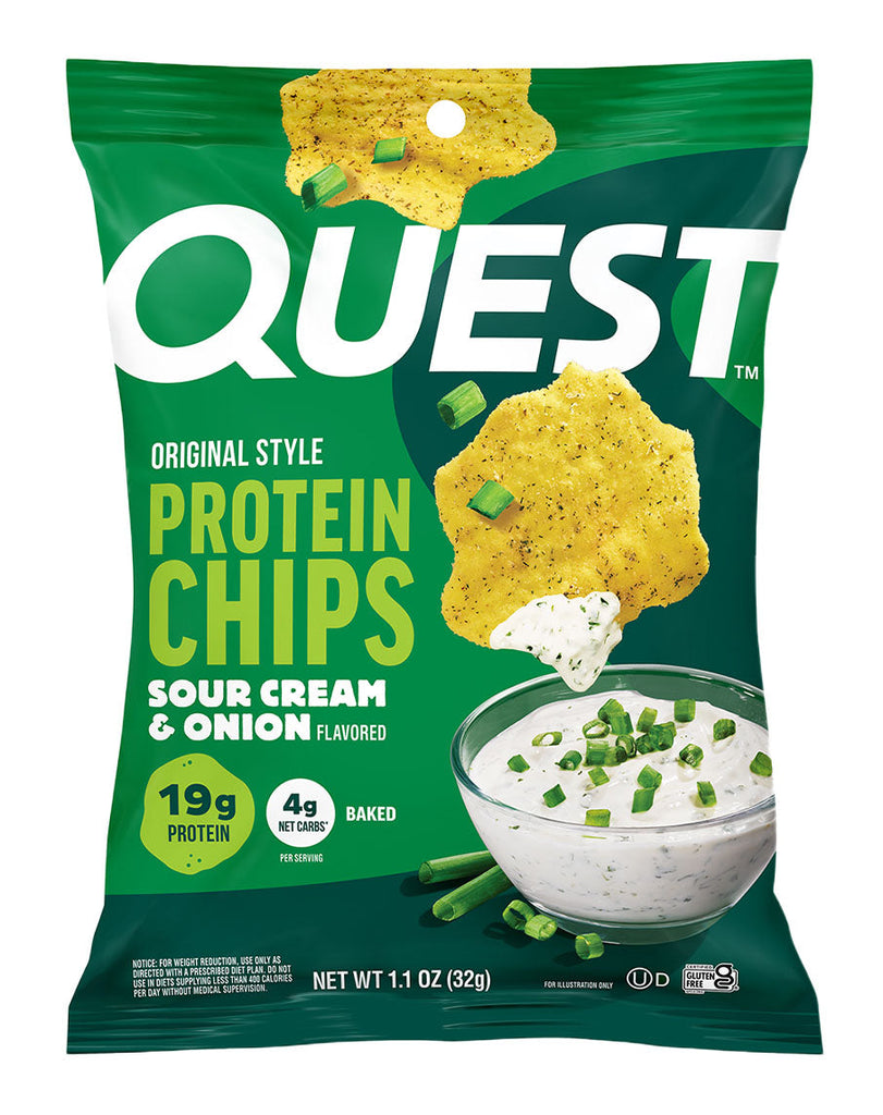 Quest Original Style Protein Chips, sour cream & onion flavour, 32g bag with 19g protein
