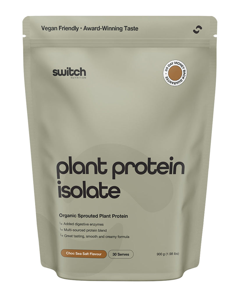 900g Switch Nutrition organic plant protein isolate in Choc Sea Salt, stand-up pouch with digestive enzymes