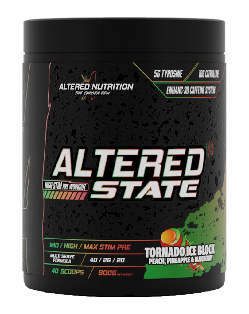 Altered State high stimulant pre-workout by Altered Nutrition, 600g black tub, Tornado Ice Block flavour