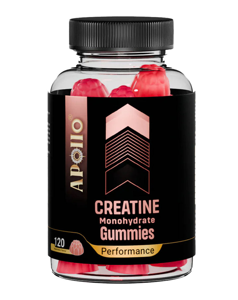 120-count Apollo creatine gummies in raspberry flavour, performance formula in black-labelled jar