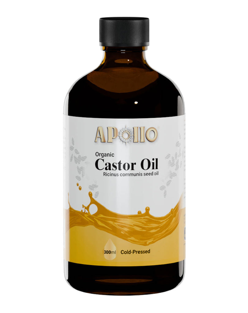 Apoh cold-pressed organic castor oil 300ml amber bottle with black lid and gold oil splash branding