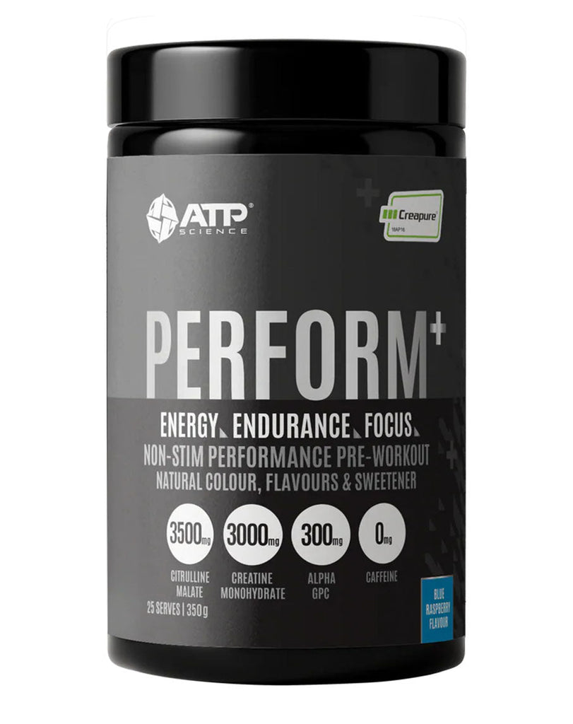 350g ATP Perform+ creatine-based pre-workout, stimulant-free, black container with blue raspberry tag