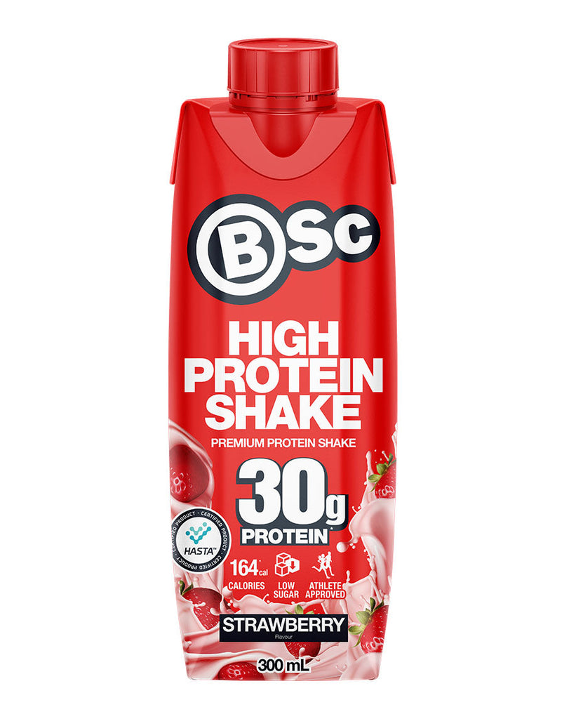 300mL BSC High Protein Shake strawberry flavour, 30g protein RTD sports supplement bottle, red packaging