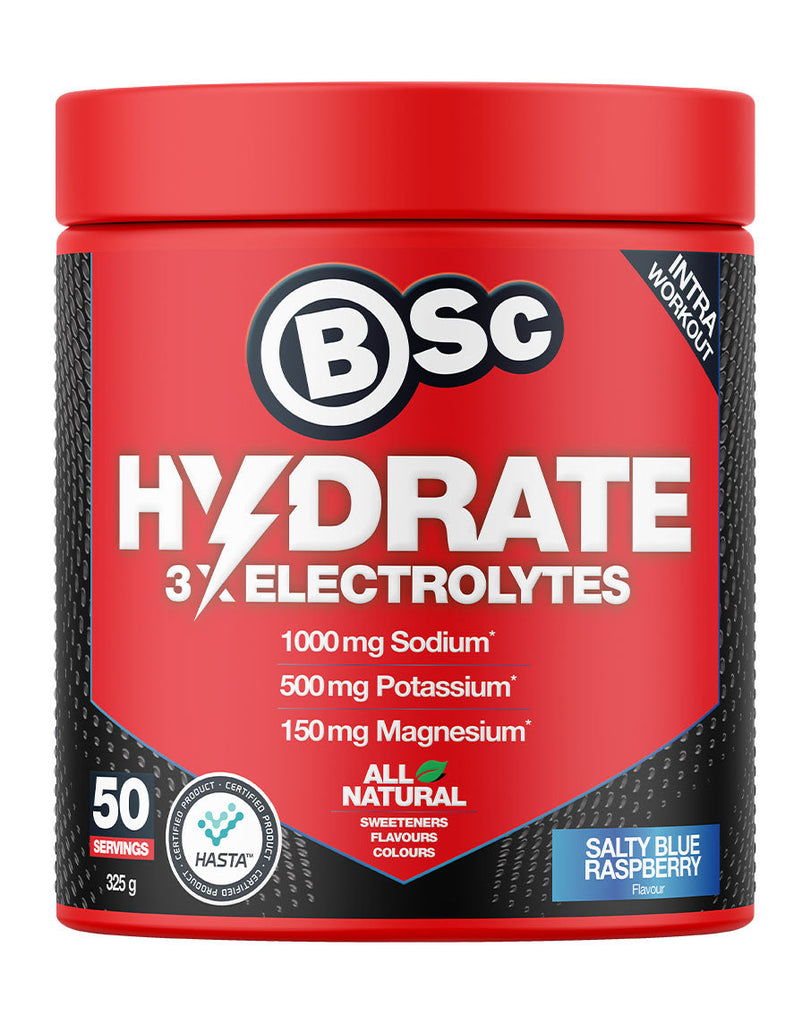 BSC Hydrate electrolytes powder Salty Blue Raspberry, 325g intra-workout hydration supplement with 50 servings
