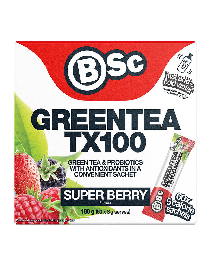 BSc green tea TX100 super berry flavour 180g box with sachets, antioxidant blend and probiotic formula