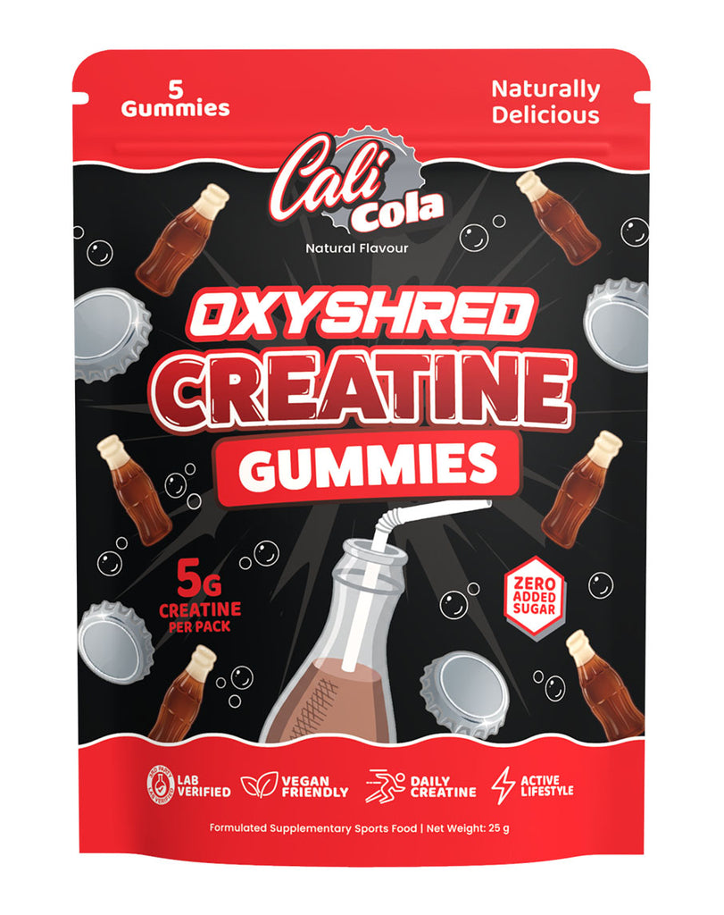 Cali Cola OxyShred creatine gummies, vegan-friendly 25g pouch containing five naturally flavoured gummies