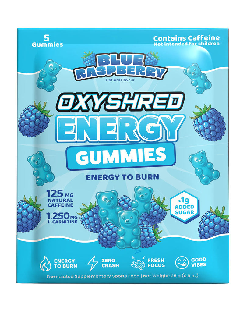 Blue Raspberry OxyShred energy gummies, 25g pack with five caffeinated gummies and less than 1g added sugar
