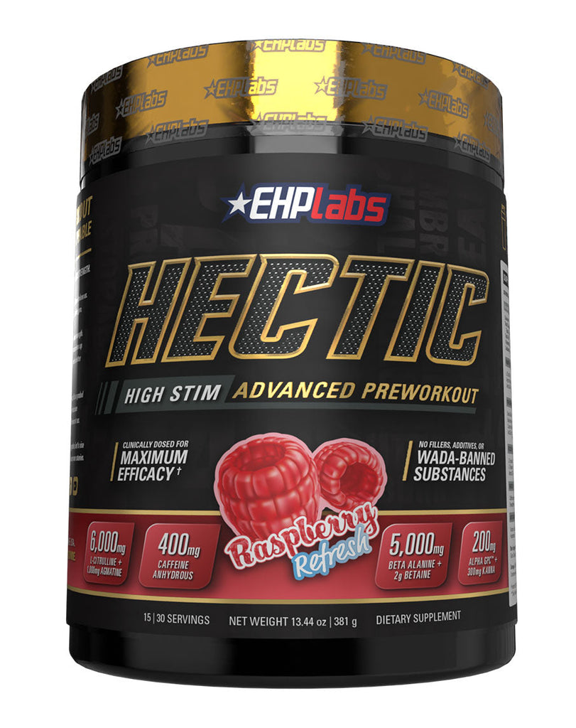 381g EHP Labs Hectic high-stim pre-workout, Raspberry Refresh, black container with bold gold and red text