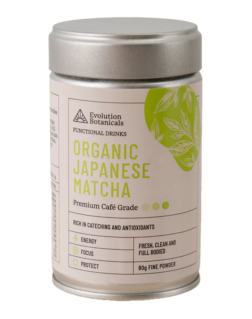 Premium organic Japanese matcha by Evolution Botanicals, 80g fine powder in metal container