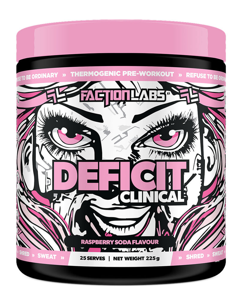 Faction Labs Deficit Clinical pre-workout raspberry soda flavour 225g tub with pink lid and graphic label