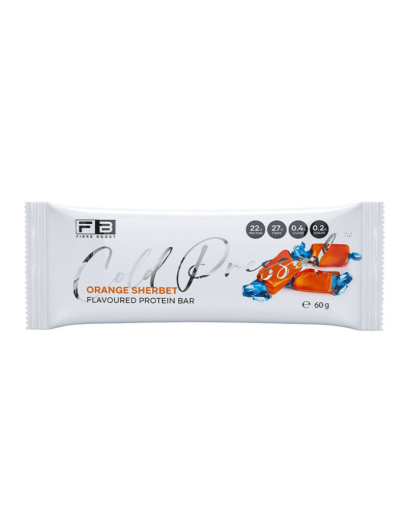 60g Cold Pressed Orange Sherbet flavoured protein bar in white packaging with 22g protein and low sugar