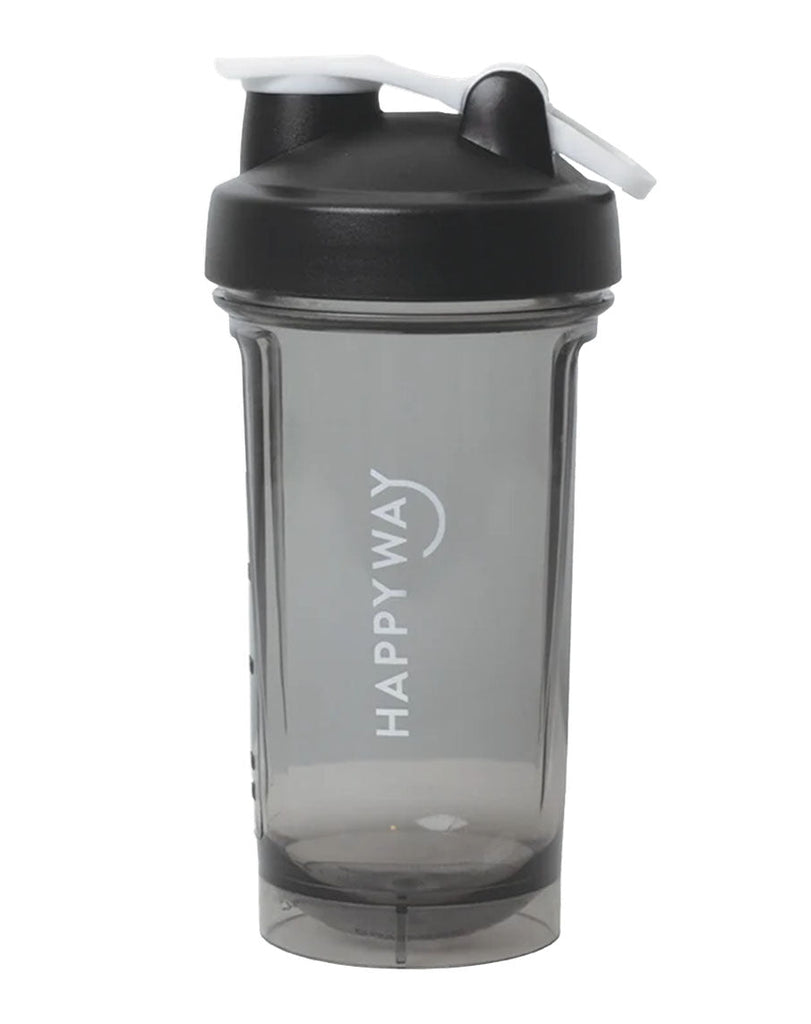 Clear grey Happy Way protein shaker cup with black flip lid for supplements and fitness drinks