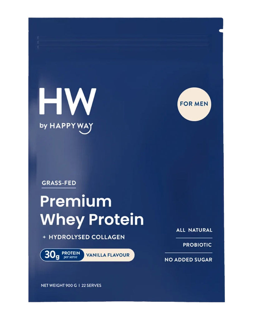 HW by Happy Way grass-fed premium whey protein + hydrolysed collagen vanilla flavour 900g pouch