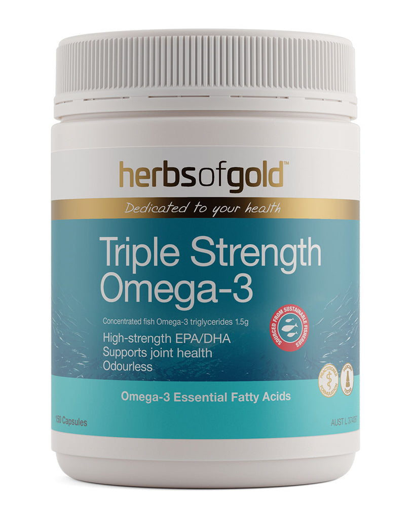 Herbs of Gold Triple Strength Omega-3, 150 capsule high-strength EPA/DHA fish oil in white container