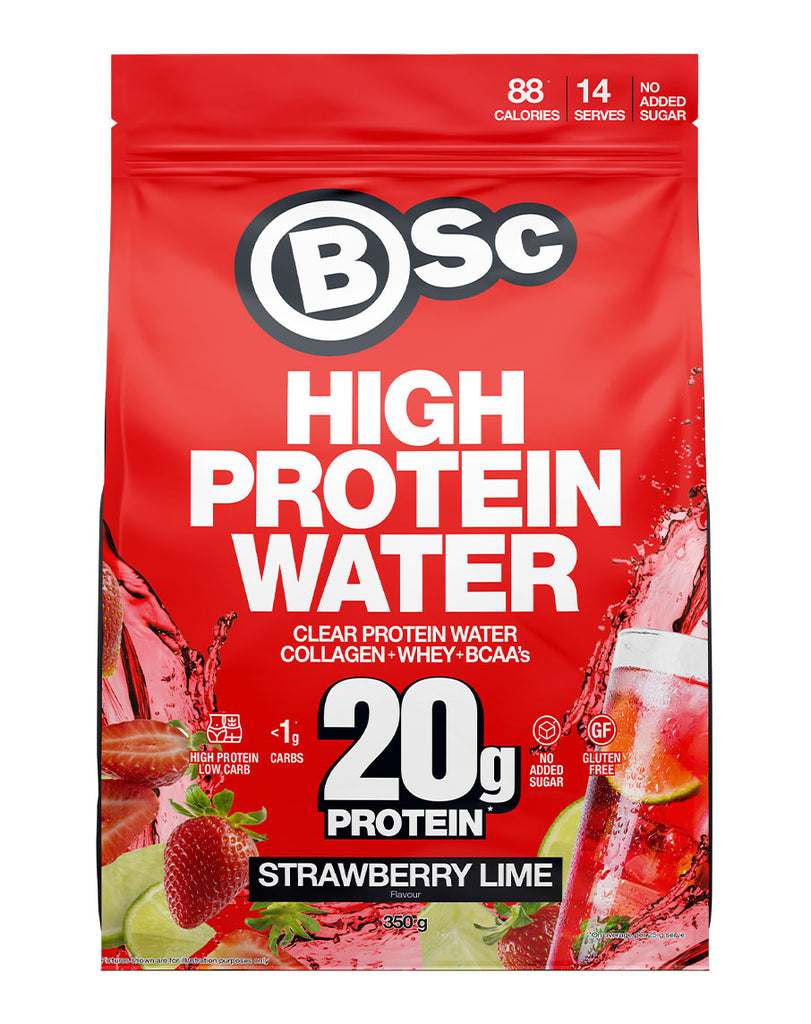 BSc High Protein Water strawberry lime supplement 350g pouch featuring red pack, 20g protein and fruit splash graphic