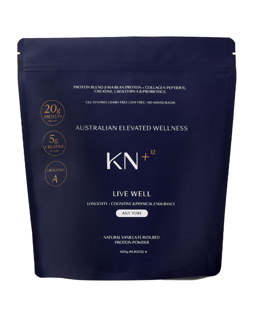 Australian wellness protein blend in vanilla flavour, 420g stand-up pouch with KN+ branding