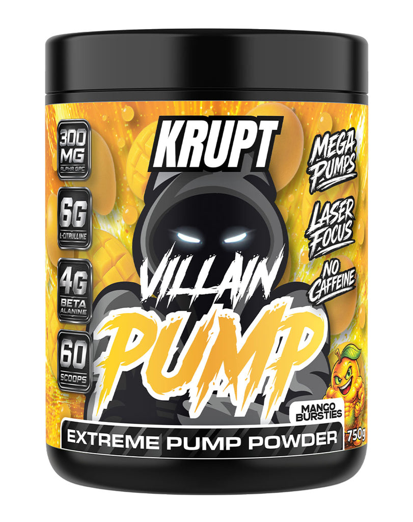 Krupt Villain Pump pre-workout pump powder, Mango Bursties flavour, 750g black tub with no caffeine formula