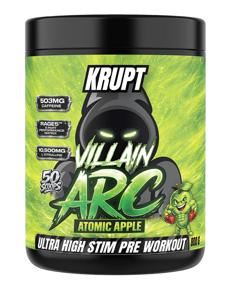 Krupt Villain ARC Atomic Apple high-stim pre workout powder, 800g black container with neon green villain label