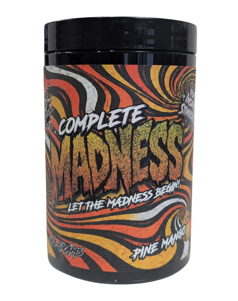 Pine Mango Complete Madness pre-workout powder, black container with vibrant retro swirl branding