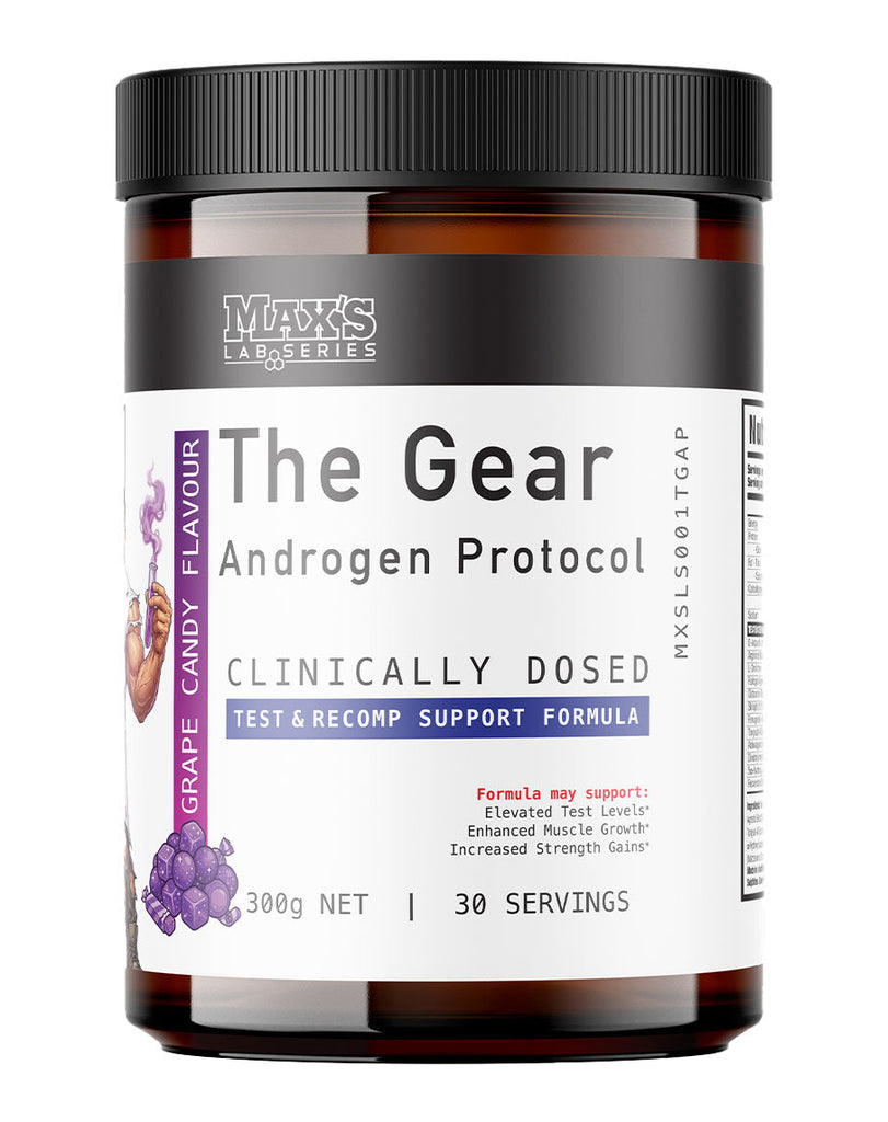 The Gear androgen support formula by Max's, grape candy flavour, 300g amber container, 30 serves