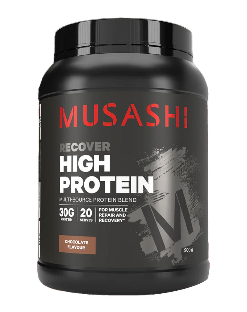 Musashi chocolate high protein powder 900g black container, muscle recovery formula with bold front label text