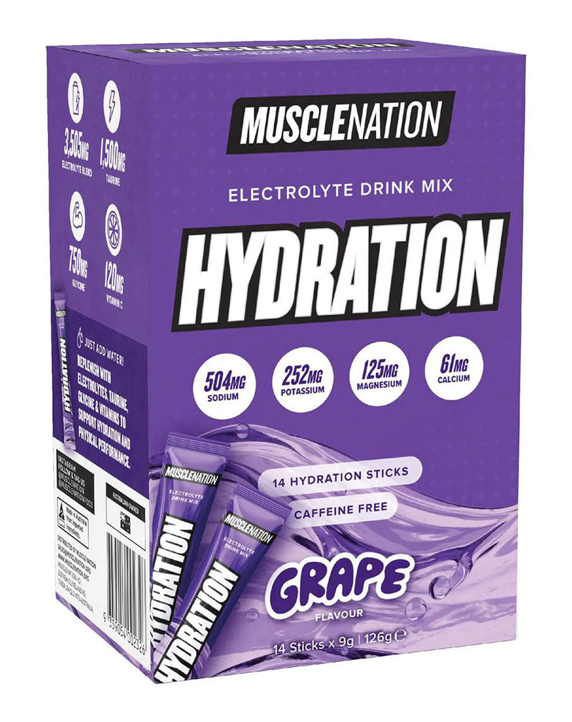 Grape flavour Muscle Nation hydration powder, 14 sachets in purple packaging with electrolyte stats