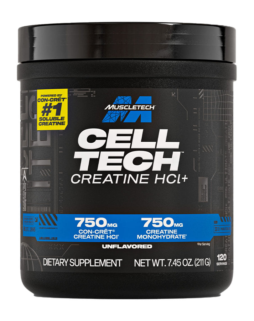 MuscleTech Cell-Tech creatine powder 211g unflavoured, black container with blue accents and dual creatine blend