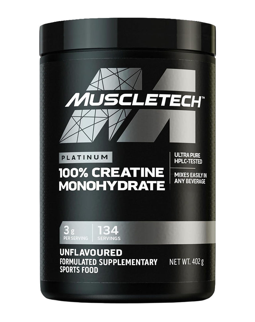 Unflavoured MuscleTech creatine powder, 402g container with silver accents and 3g per serve label