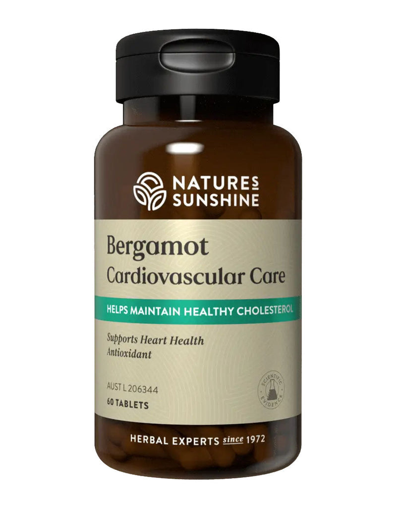 Brown bottle of Nature's Sunshine Bergamot supplement with 60 tablets for cardiovascular health