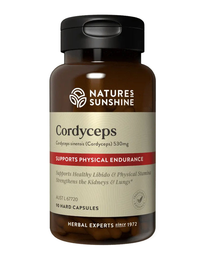 Herbal Cordyceps supplement by Natures Sunshine, 90 capsules for stamina and libido, brown bottle