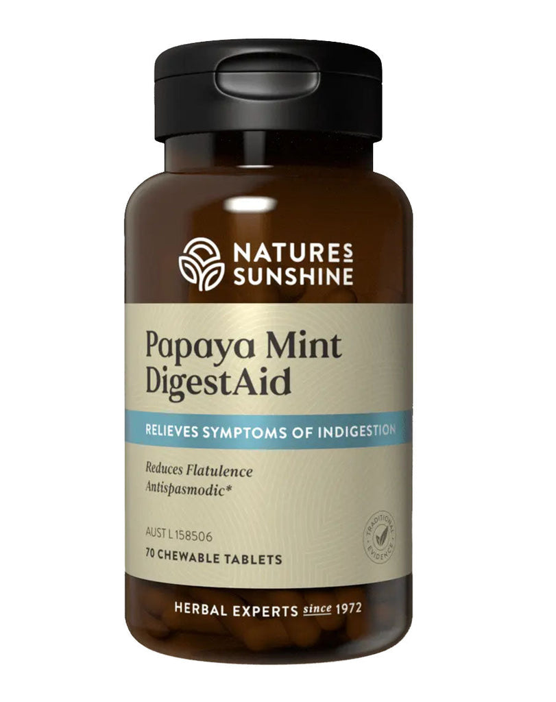 Digestive supplement by Natures Sunshine – Papaya Mint flavour, 70-tablet amber jar, supports indigestion and flatulence