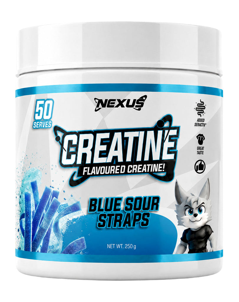 Nexus creatine supplement in Blue Sour Straps flavour, 250g container featuring 50 serves on front label