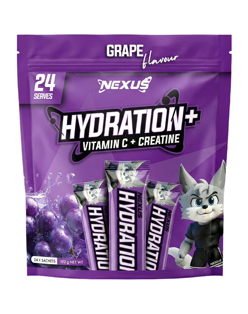 Nexus Hydration+ grape hydration supplement sachets with vitamin C and creatine, 24 serves, purple pouch
