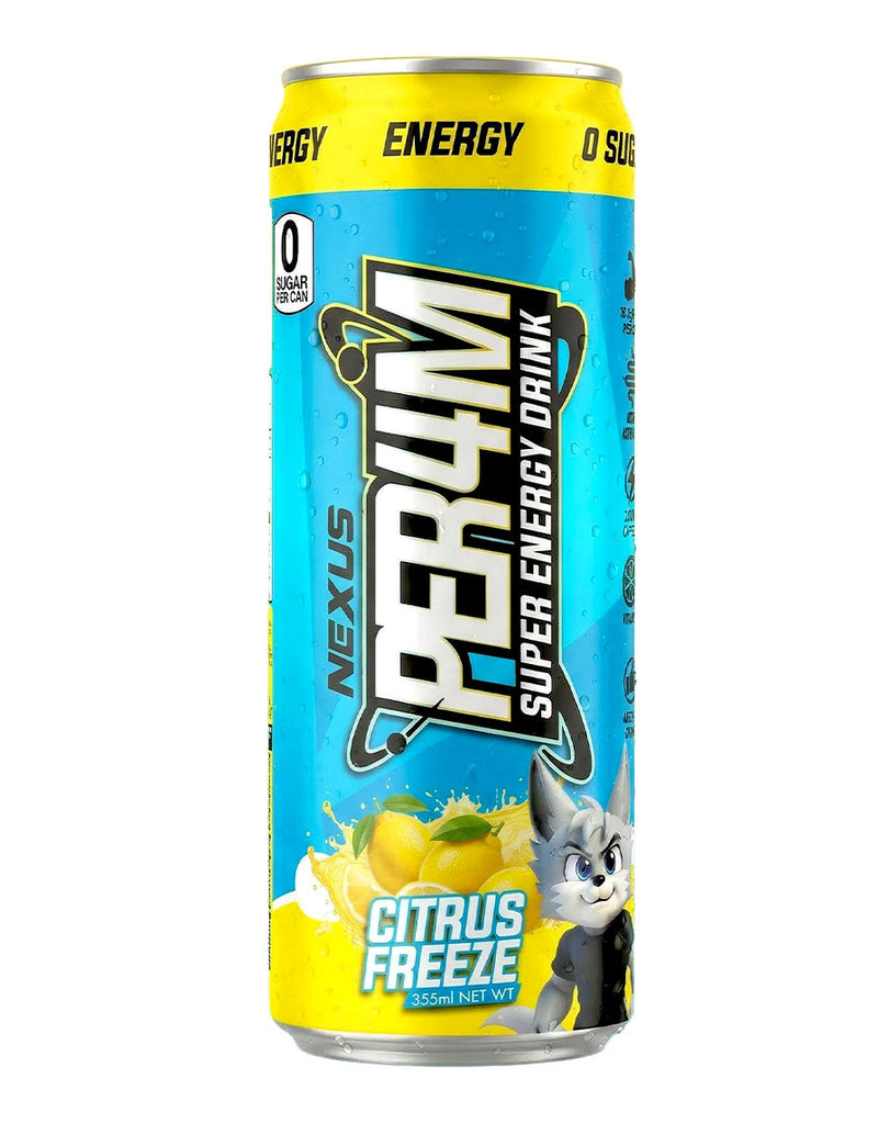 Citrus Freeze PER4M Nexus energy drink, 355ml slim can featuring zero sugar branding and citrus graphics